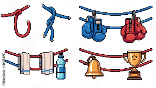 Retro boxing equipment set with ropes, gloves, towels, and trophy in pixel art style