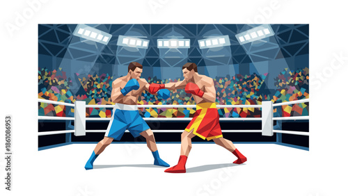 Dynamic boxing match in colorful geometric arena with enthusiastic audience