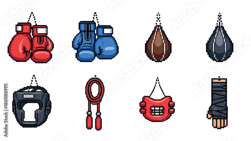 Pixel art boxing gear collection: gloves, punching bags, and protective equipment