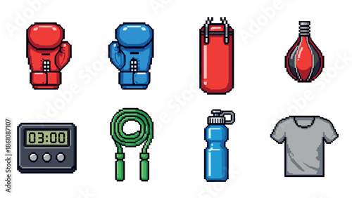 Pixel art boxing icons: gloves, bag, timer, jump rope, water bottle, t-shirt