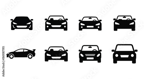 A collection of various vehicle front views and one side view in black silhouette