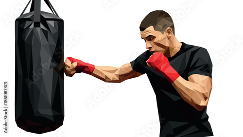 Geometric boxer training with punching bag in red gloves