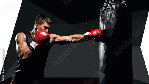 Dynamic low poly boxer training with red gloves in dark gym setting