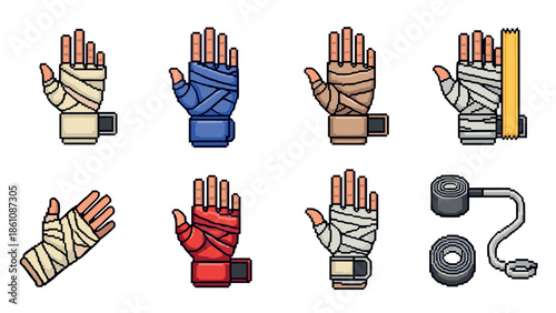Pixel art boxing tape: detailed hand wraps in multiple colors