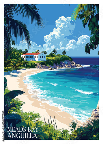 Tableau sur toile Elegant villa overlooking Meads Bay, Anguilla, with pristine beach and vibrant turquoise ocean, retro travel poster vector illustration