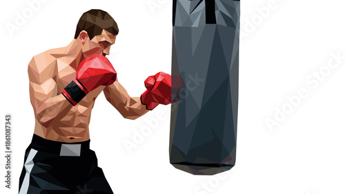 Low poly boxer training with punching bag in geometric art style