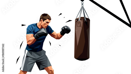 Geometric boxer training with punching bag in dynamic workout scene
