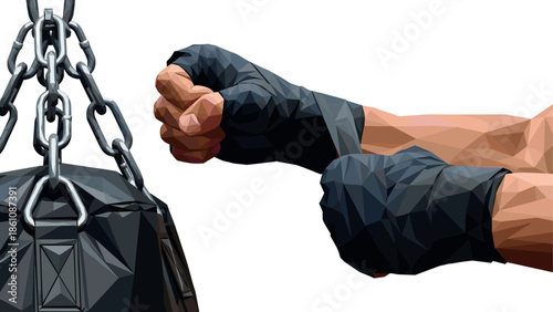 Polygonal art of boxer punching heavy bag with geometric detail