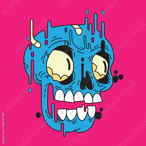 Pop Art Style Blue Skull with Melting Effect and Bold Colors