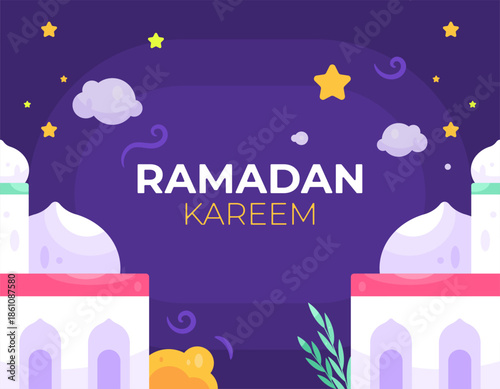 Illustration of a beautiful and nice mosque building at night. Ramadan Kareem concept, celebration, Islam, event. Outdoor, landscape, nature. Design elements, flat style. Greeting card, banner, poster