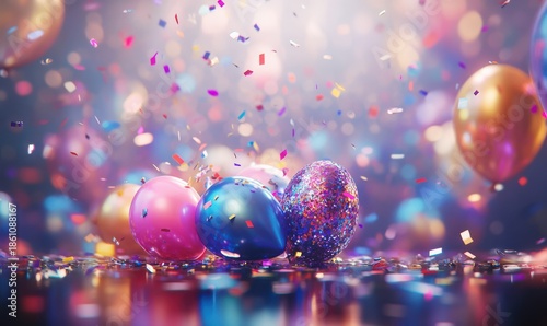 Vibrant confetti raining down on colorful balloons placed on a shiny surface, bright diffused lighting, festive and lively atmosphere, clean composition, sharp detail,