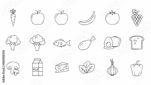 Collection of fresh food icons in simple line art style.