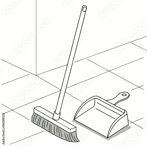 Cleaning tools on tiled floor