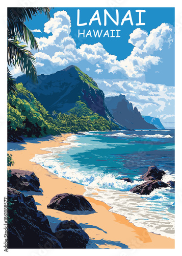 Vector illustration of Lanai, Hawaii's stunning coastline with volcanic rock formations, golden sands, and clear turquoise waters under a dramatic sky.