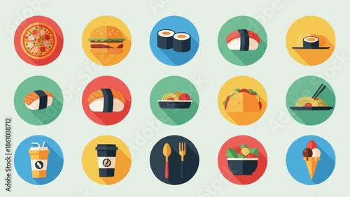 Collection of flat design food icons in circles.