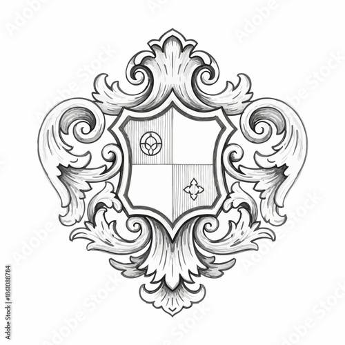 Ornate Heraldic Shield Emblem with Flourishes - Vintage Crest Design