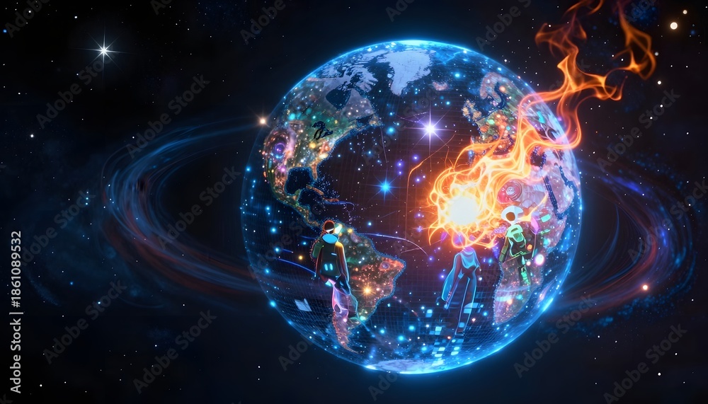 Obraz premium Colorful Abstract Representation of Earth Surrounded by Energy and Light in Outer Space