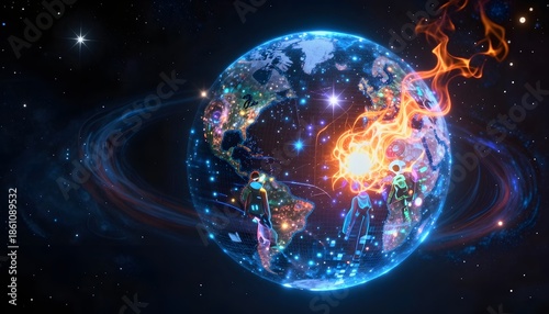 Colorful Abstract Representation of Earth Surrounded by Energy and Light in Outer Space