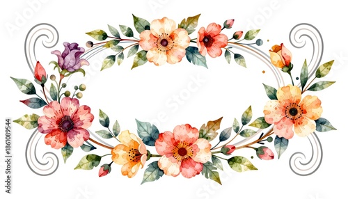 Beautiful Watercolor Floral Frame with Elegant Flowers and Greenery for Invitations and Decor