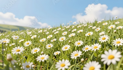 Vibrant Field of Daisy Flowers Under a Clear Blue Sky on a Sunny Day in Spring