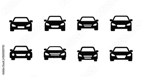 A collection of vehicle front views in black displaying different car styles silhouette