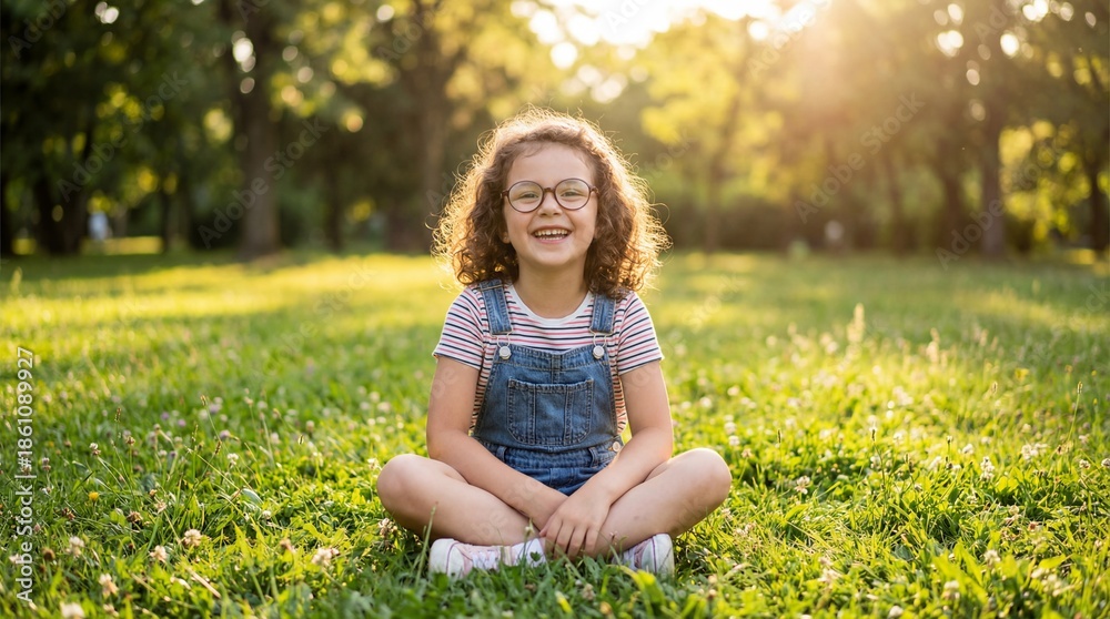 custom made wallpaper toronto digitalYoung Girl with Curly Hair and Glasses Sitting on Grass in Sunlit Park, Smiling Joyfully