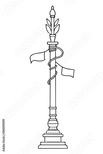 An ornate lamp post illustration with flags and decorative elements on a white background