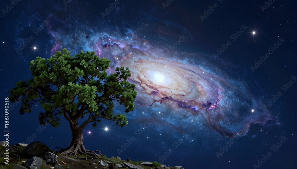 custom made wallpaper toronto digitalSolitary Tree Under a Vast Galaxy with Stars in the Night Sky Illustrating Cosmic Wonder