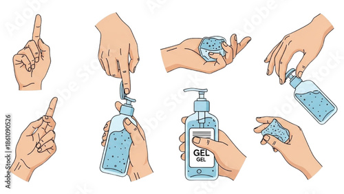 Illustration of hands using hand sanitizer in various poses and actions