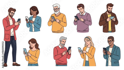 Diverse group of people using mobile devices together in a modern setting