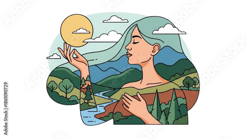 Woman surrounded by lush greenery reaching for the sun in a serene landscape