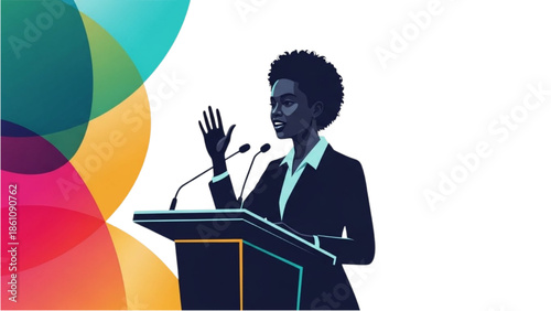 Woman presenting at a podium with colorful background
