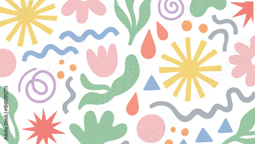 Abstract colorful nature-inspired shape pattern, sunburst flowers leaves spirals droplets and geometric forms, flat vector illustration design