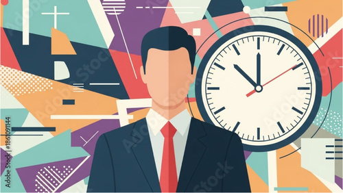 A businessman stands in front of a large clock, symbolizing time management and punctuality in a professional setting.