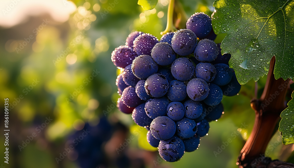 Naklejka premium Ripe dark grapes covered in snow hang from a vine. Green leaves with frost are visible. Soft light and falling snow create a dreamy bokeh effect