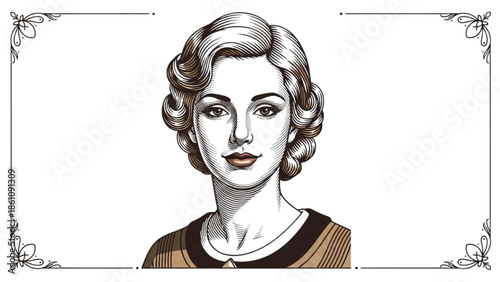 Vintage Woman Portrait Illustration in Monochrome with Ornate Border