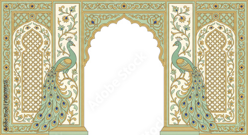 Title: Ornate peacock with intricate floral patterns and arches in traditional Indian style isolated on a transparent background