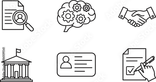 Business and administration line icons vector set featuring documents analysis partnership identity approval and government symbols