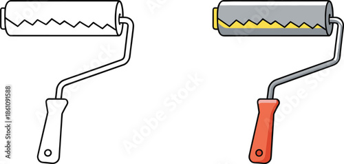 Paint roller vector set featuring painting tool with textured cylinder for wall decoration and renovation illustration