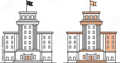 Government building vector set featuring official administrative architecture with flags in outline and colored illustration styles