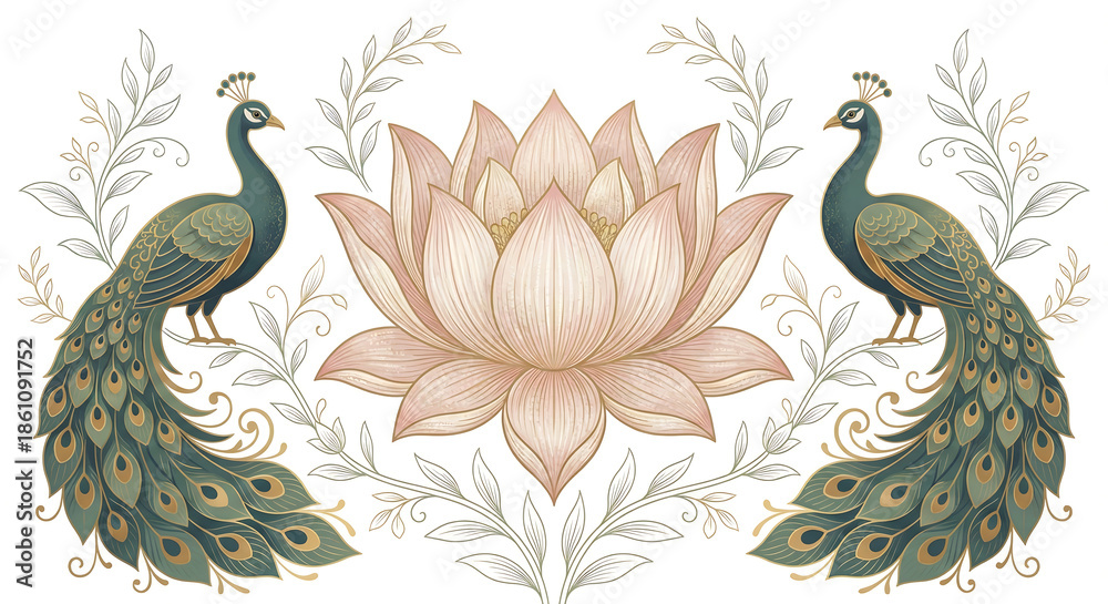 Obraz premium Title: Two peacocks standing on either side of a large pink lotus flower with detailed floral isolated on a transparent background