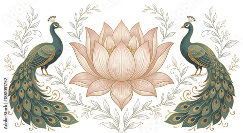 Title: Two peacocks standing on either side of a large pink lotus flower with detailed floral isolated on a transparent background