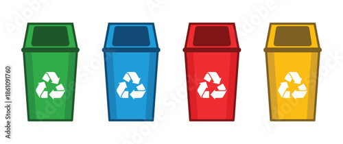 Garbage bins set. Colorful trash cans with recycling icon. Waste sorting containers. Sorting garbage vector illustration
