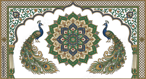 Title: Two peacocks standing on either side of a large intricate mandala with detailed floral isolated on a transparent background