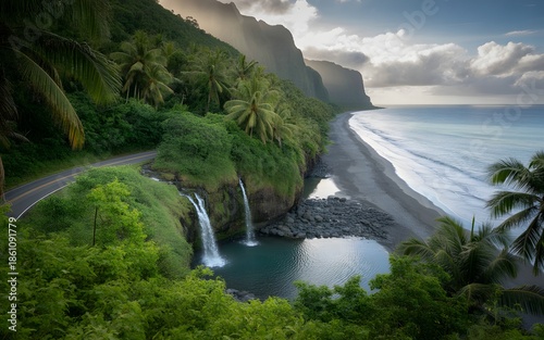 A serene  landscape with waterfall in the mountains of thailand