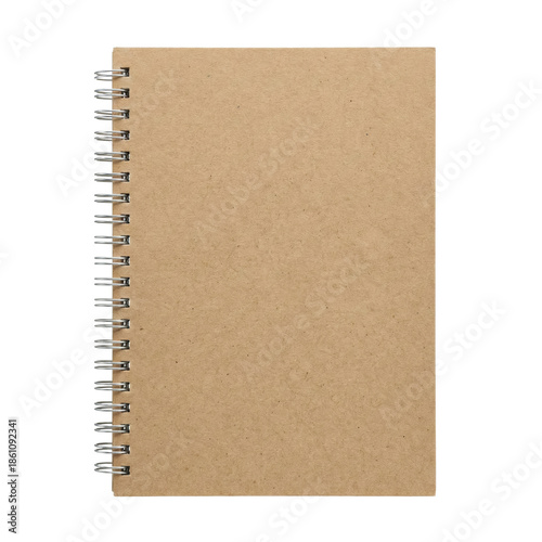 Recycled brown paper spiral notebook on transparent background