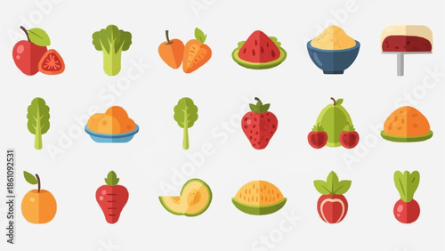 Collection of fresh healthy fruits and vegetables icons.