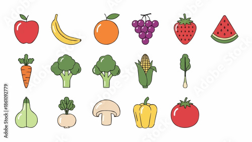 Collection of fresh fruits and vegetables illustration.