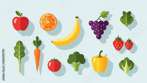 Collection of fresh fruits and vegetables in flat design style.