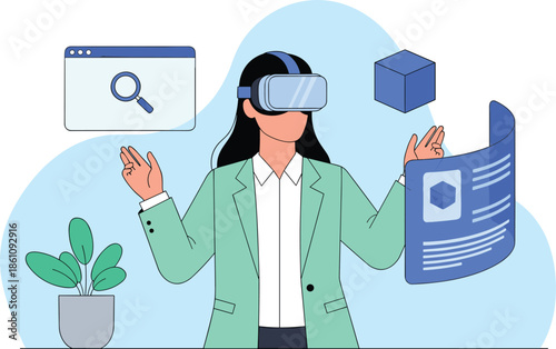 Virtual reality interaction concept, immersive digital experience design, futuristic user interface elements, tech innovation illustration, flat vector illustration